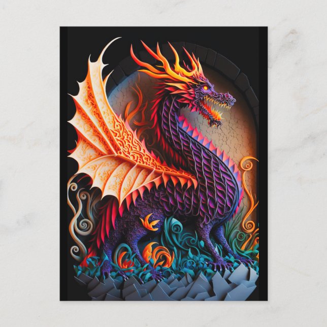 Fire Dragon Castle Fantasy Art Mythical Creatures Postcard (Front)