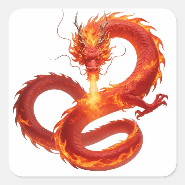 Fire Dragon Fantasy Art Design, Mythical Creature  Square Sticker (Front)