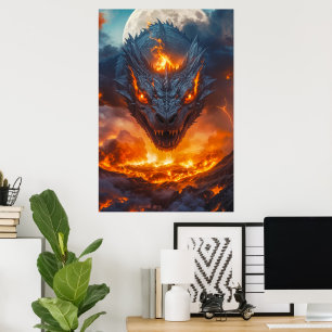 Fire Dragon Under Full Moon Fantasy Poster