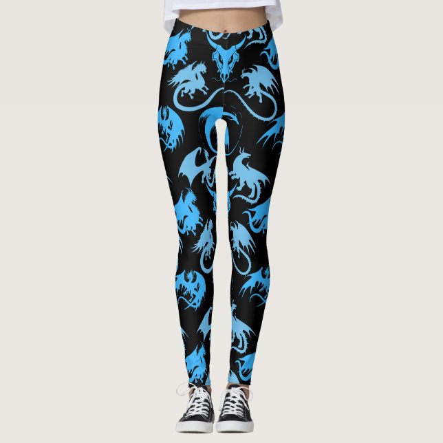 Fire Dragons Pattern LBlue Black BG Leggings (Front)