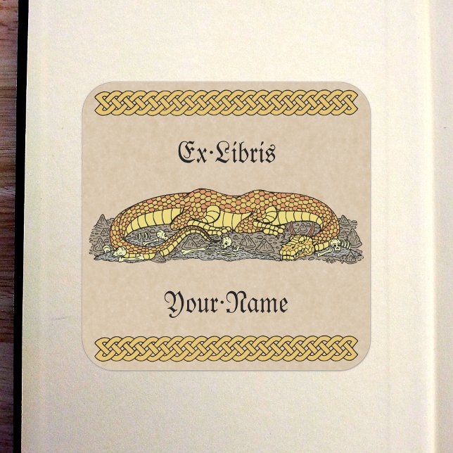 Fire Drake at Rest Bookplate Square Sticker (Fire Drake at Rest Bookplate in Old Book)