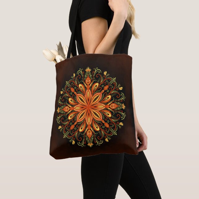 Fire Element Mandala - Kaleidoscopic Flame Creatur Tote Bag (Close Up)