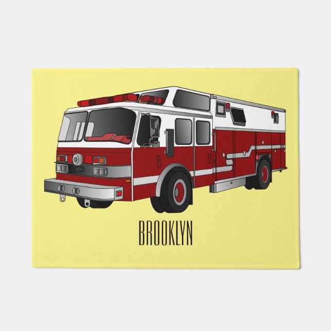 Fire engine cartoon illustration doormat (Front)