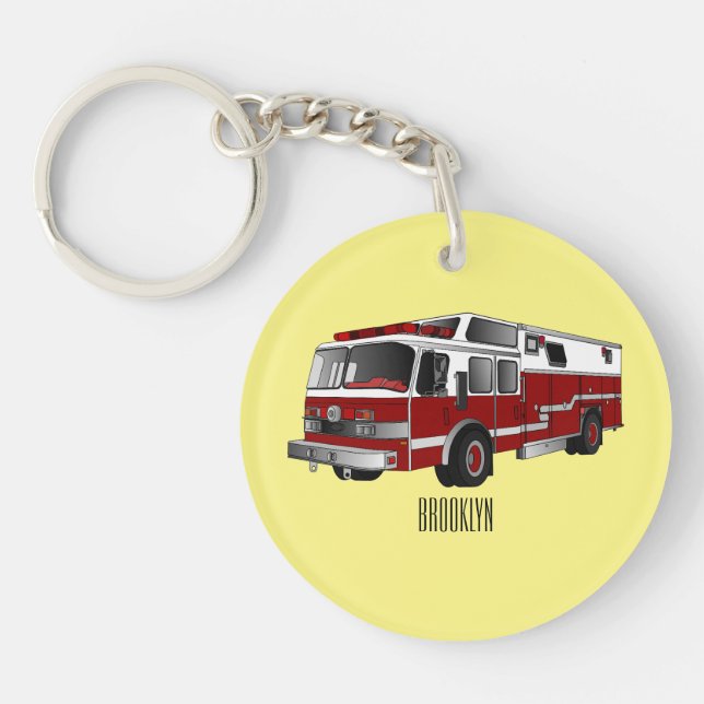 Fire engine cartoon illustration key ring (Front)