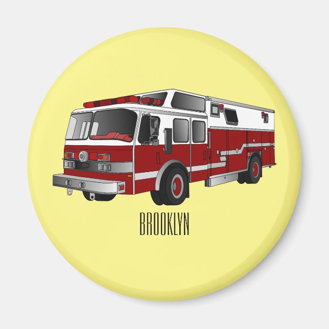 Fire engine cartoon illustration magnet (Front)