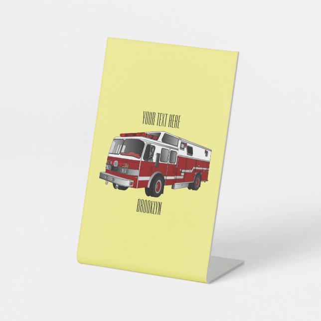 Fire engine cartoon illustration pedestal sign (Front)
