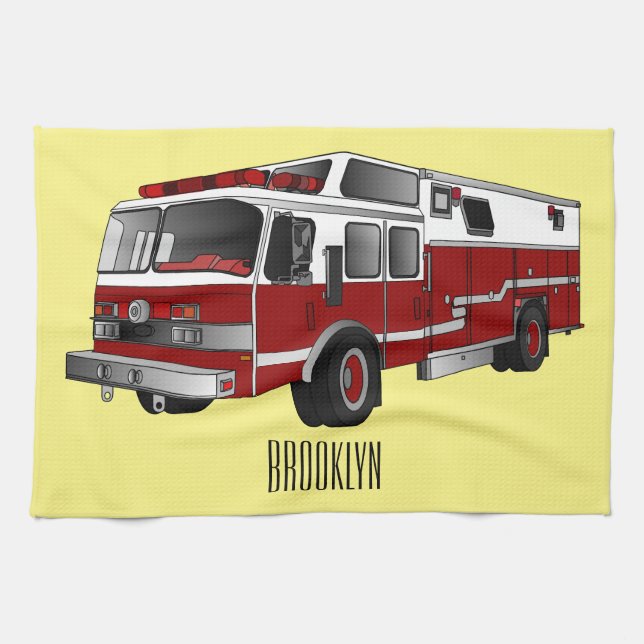 Fire engine cartoon illustration tea towel (Horizontal)