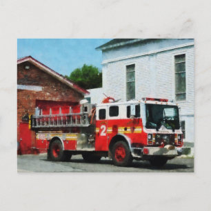 Fire Engine in Front of Fire Station Postcard