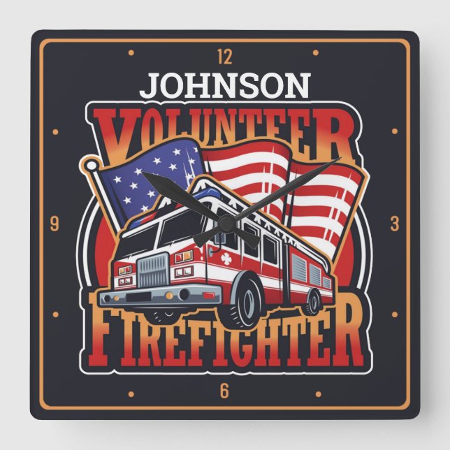 Fire Engine NAME USA Flag Volunteer Firefighter Square Wall Clock (Front)