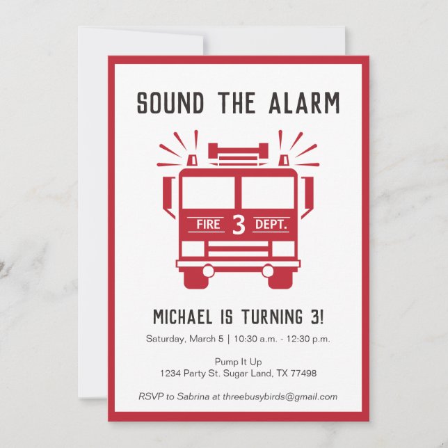 Fire Engine or Fire Truck Birthday Party Invite (Front)