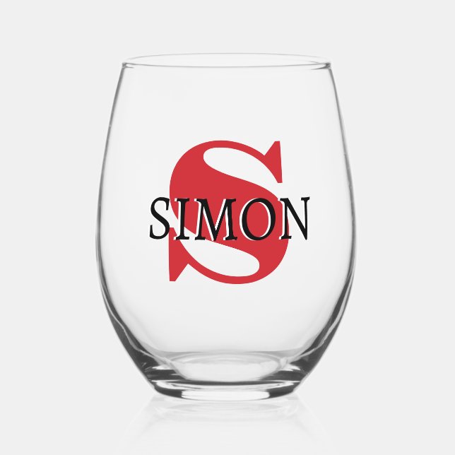 Fire Engine Red Initial and Black Name | Modern  Stemless Wine Glass (Front)