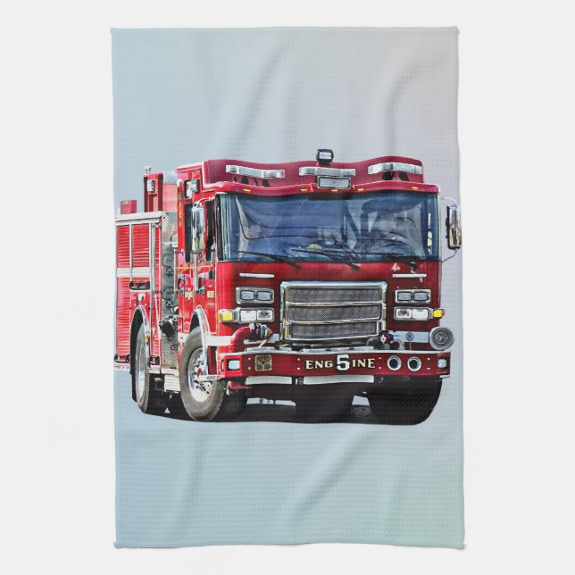 Fire Engine Turning the Corner Tea Towel (Vertical)