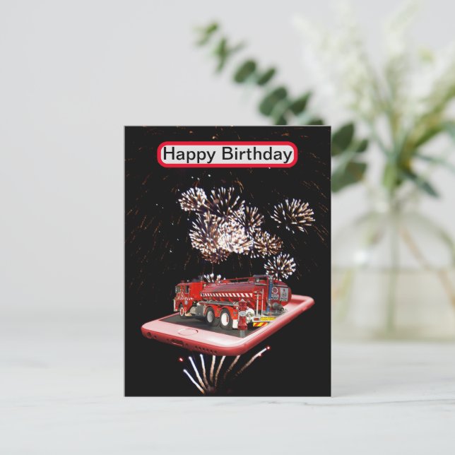 Fire Engine With Fire Works, Postcard (Standing Front)