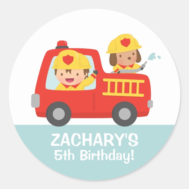 Fire fighter Boy in Red Fire Truck Birthday Party Classic Round Sticker (Front)