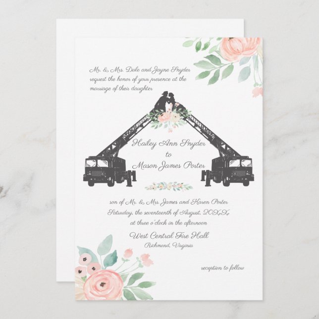 Fire Fighter Floral Wedding Invitation (Front/Back)