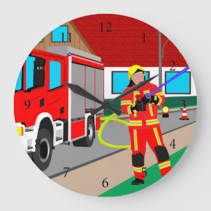 Fire fighter in fire service during fire extinctio large clock