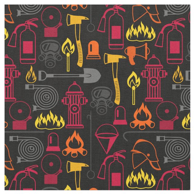 Fire Fighter Related Icons Pattern Black Fabric (Close Up)