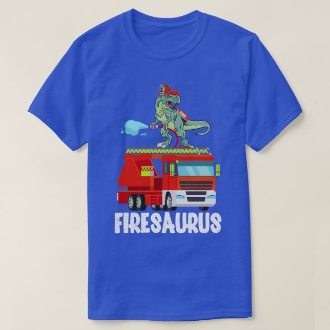 Fire Fighter Saurus Firetruck Fireman Dinosaur  T-Shirt (Design Front)