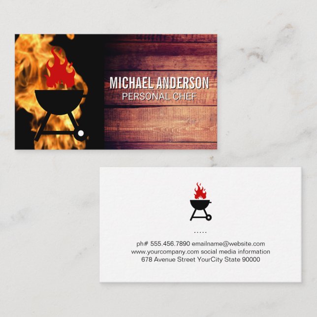 Fire Flame | Chef BBQ Logo | Restaurant Business Card (Front/Back)