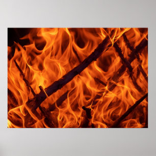 Fire flame macro  in fireplace poster