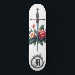*~* Fire Flowers AP88 Mediaeval Sword Floral Skateboard<br><div class="desc">(Search code AP88 to find similar items ) Easily Transfer to other Zazzle Products. WHITE background Skateboard with soft blush PINK and ROSE colour FLOWERS MEDIEVAL SWORD for dragon slayers with FLOWERS / FLORAL elements and with a RING of FIRE / FLAMES / FLAME and Letter , INITIAL MONOGRAM for...</div>