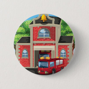 Fire House and Fire Truck 6 Cm Round Badge