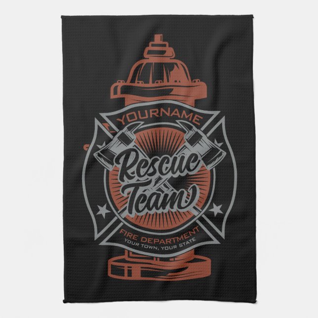 Fire Hydrant ADD NAME Fire Fighter Rescue Team Tea Towel (Vertical)