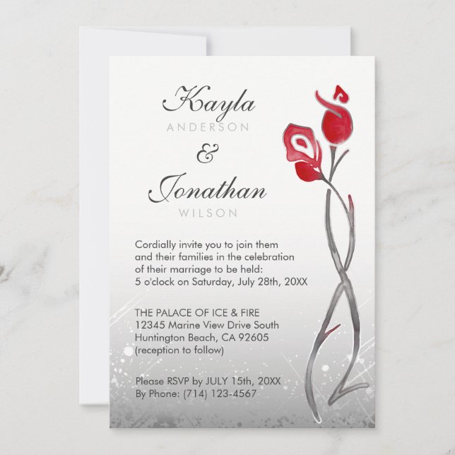 Fire & Ice Wedding Invitations | Silver Red Roses (Front)