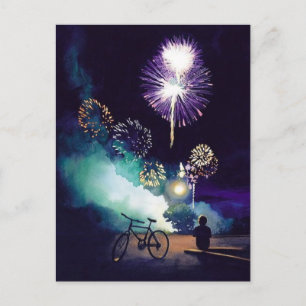"Fire in the Sky" Fireworks Watercolor Art Postcard