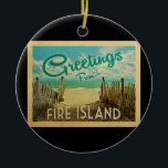 Fire Island Beach Vintage Travel Ceramic Tree Decoration<br><div class="desc">This Greetings From Fire Island vintage postcard design features a sandy beach with a beautiful turquoise ocean water and above the sea,  a blue sky with billowy white clouds. In vintage travels style.</div>
