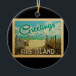 Fire Island Beach Vintage Travel Ceramic Tree Decoration<br><div class="desc">This Greetings From Fire Island vintage postcard design features a sandy beach with a beautiful turquoise ocean water and above the sea,  a blue sky with billowy white clouds. In vintage travels style.</div>