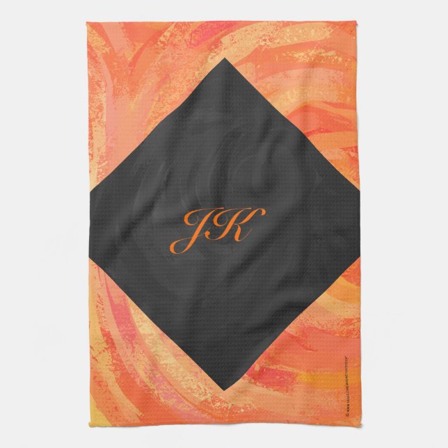 Fire Lake Orange and Black Monogram Tea Towel (Vertical)