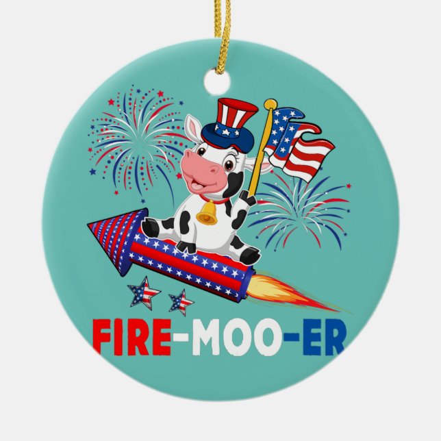 Fire Moo Er Cow Riding Firecracker American Flag Ceramic Tree Decoration (Front)