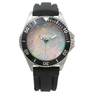 Fire Opal Diamond Solitaire Dial Custom Name Watch
