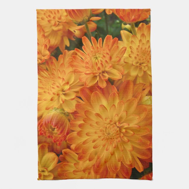 Fire Orange Chrysanthemums Tea Towel (Vertical)