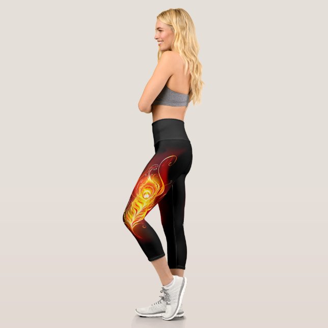 Fire Peacock Feather Capri Leggings (Left)