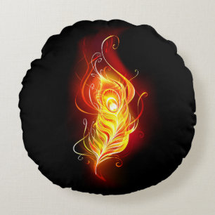 Fire Peacock Feather Round Cushion