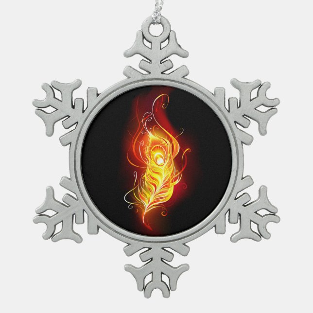 Fire Peacock Feather Snowflake Pewter Christmas Ornament (Front)