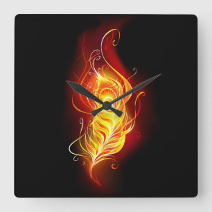 Fire Peacock Feather Square Wall Clock