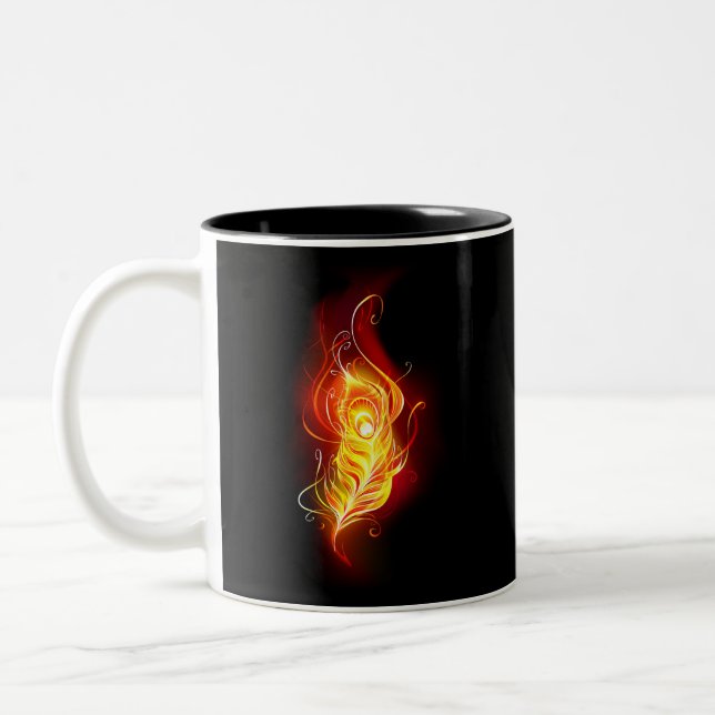 Fire Peacock Feather Two-Tone Coffee Mug (Left)
