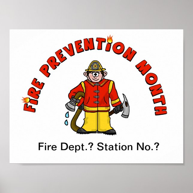 Fire Prevention Month Cartoon Fireman Poster (Front)
