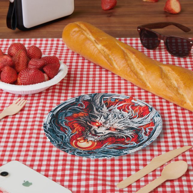 Fire Red Flame Mythical Dragon Head Paper Plate (Picnic)