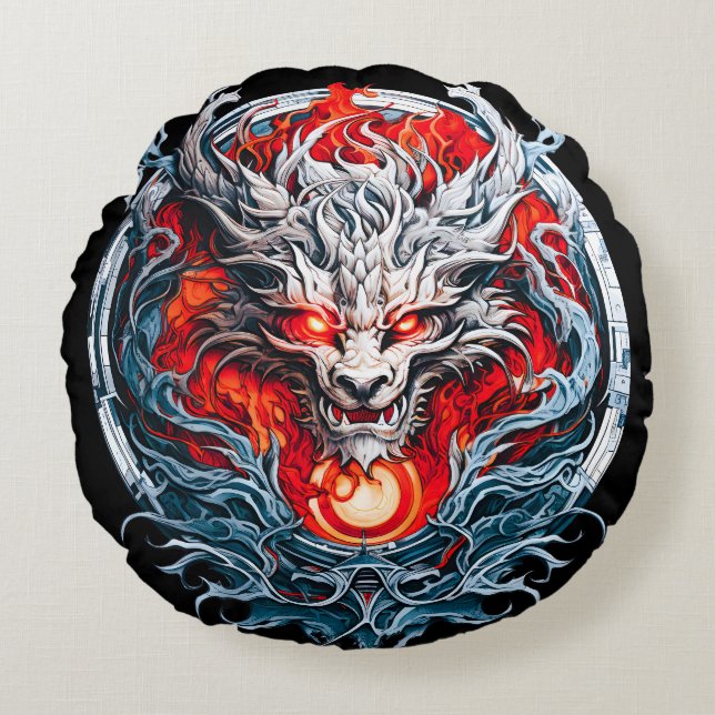 Fire Red Flame Mythical Dragon Head Round Cushion (Front)