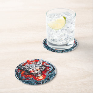 Fire Red Flame Mythical Dragon Head Round Paper Coaster