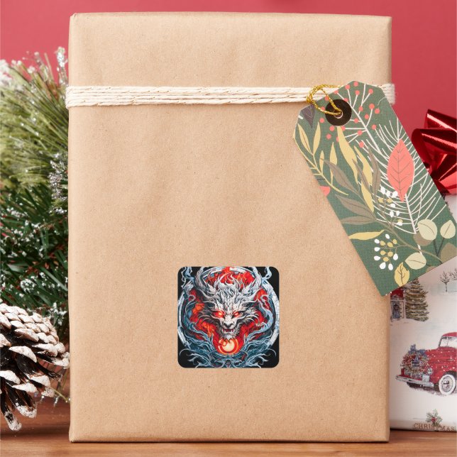 Fire Red Flame Mythical Dragon Head Square Sticker (Holiday)