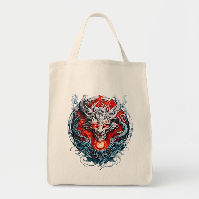 Fire Red Flame Mythical Dragon Head Tote Bag (Front)