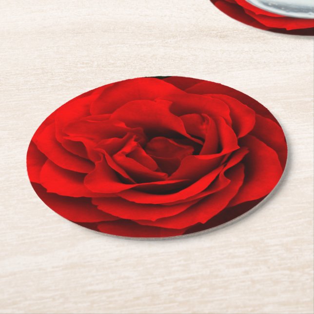 Fire Red Rose-Coaster Set Round Paper Coaster (Angled)