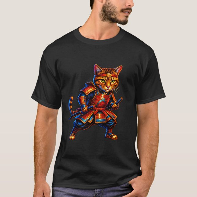 Fire Samurai Cat T-Shirt – Red & Gold Feline Warri (Front)