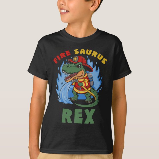 Fire Saurus Rex Firefighter T Rex Dinosaur T-Shirt (Front)