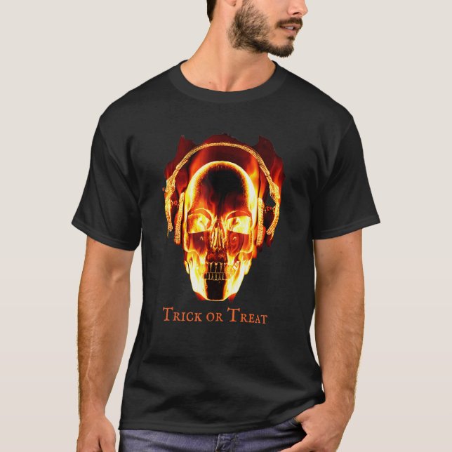 Fire Skeleton Headphones Halloween Costume T-Shirt (Front)